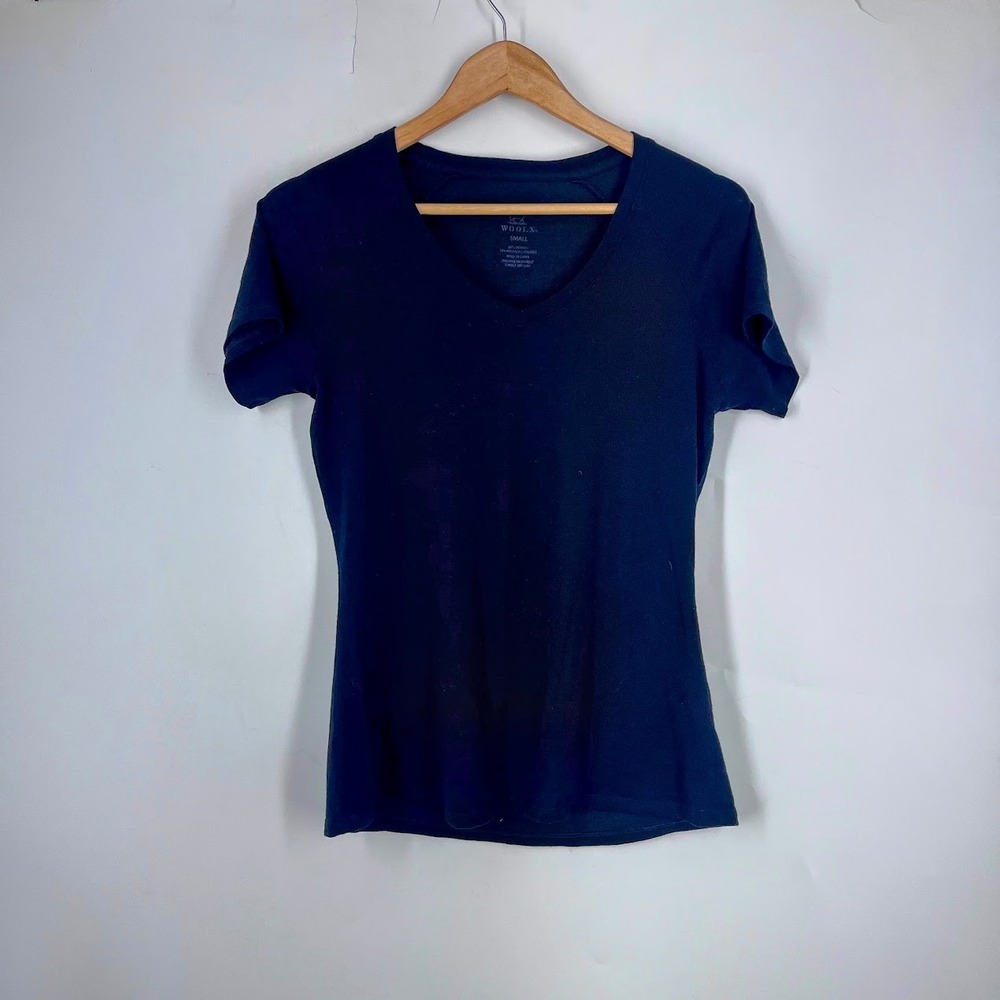 Woolx Womens Merino Wool Blend V-Neck Raglan Short Sleeve T-Shirt Black Small